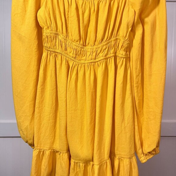 Forever 21 Boho Yellow Long Sleeve Mini Dress Square Neck Smocked Waist Ruffle - Picture 5 of 11